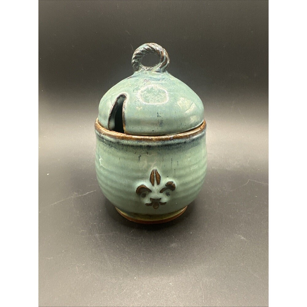 Studio Art Pottery Sugar Bowl Artist Signed Handmade Glazed Clay Fluer de lis